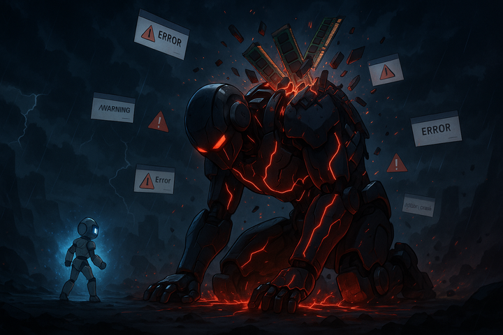An image of a robot giving up and rams are exploding on its back